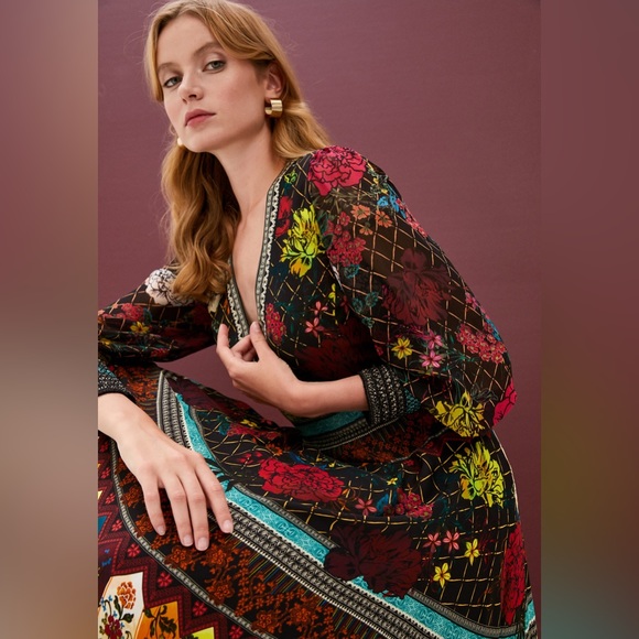 NWT Alice + Olivia Janey V Neck Flare Dress in Mona Multi/Combo - Picture 1 of 7